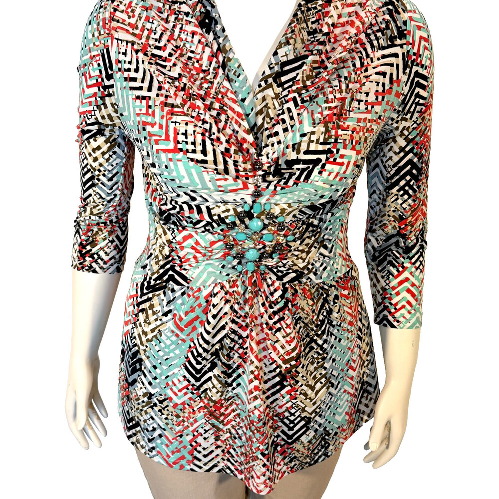 Boston Proper Blouse Knit Top Women's M Abstract Jeweled V-Neck 3/4 Sleeve